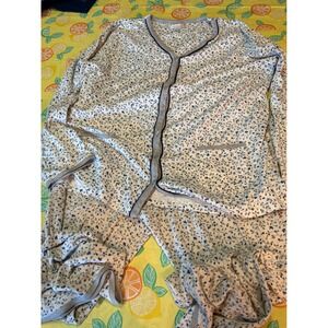 Celestial Dreams Pajama Set Womens L Blue Floral Button Front Long Sleeve Cream